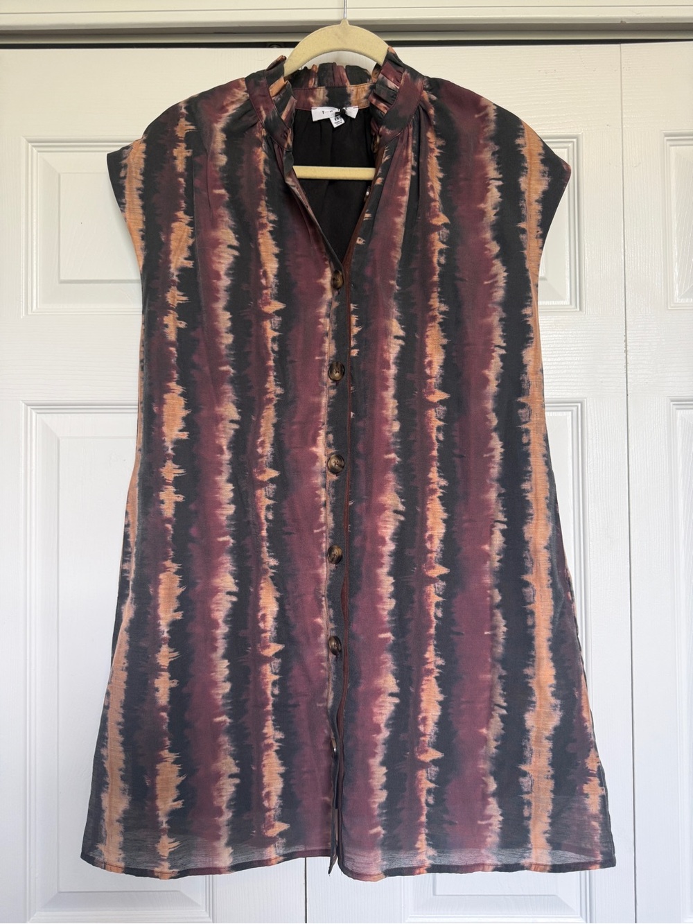 THML Sleeveless Button-Front Tunic in Maroon and Rust Stripe